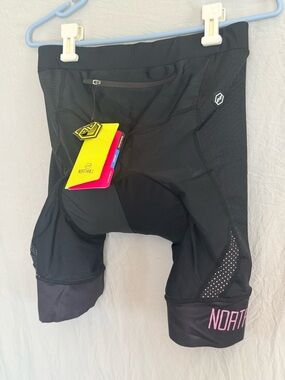 Womens Black Athletic Cycling Shorts with Pink Accent and Padded Seat Thigh Area